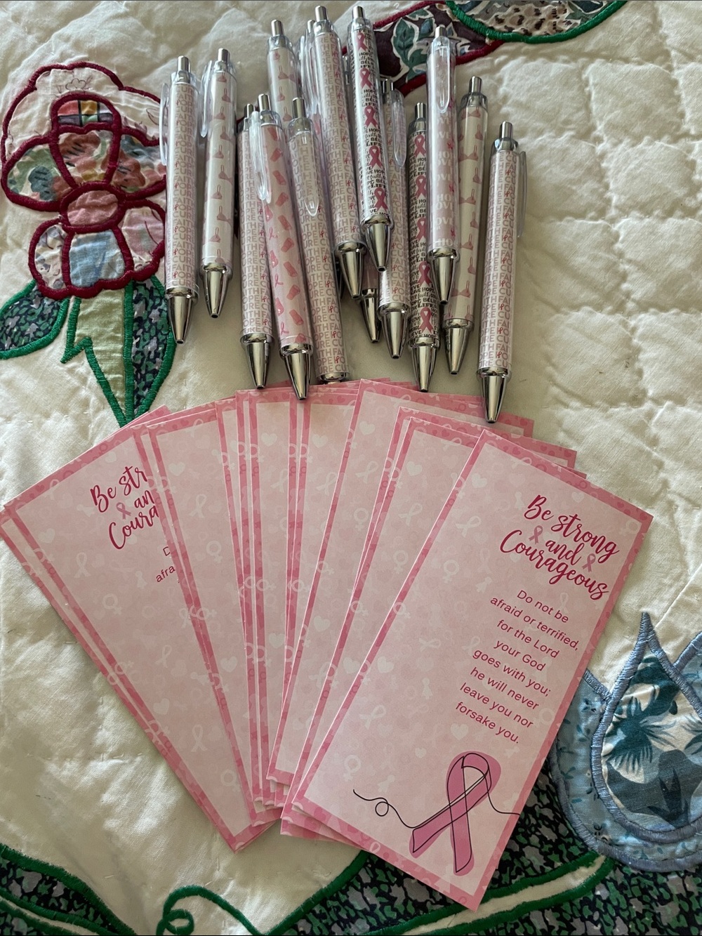 Fifteen Pink Breast Cancer Awareness Pens with Matching Reminder Cards -